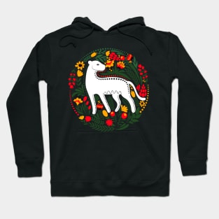 Folk Art White Jungle Cat with Bright Leaves and Flowers Hoodie